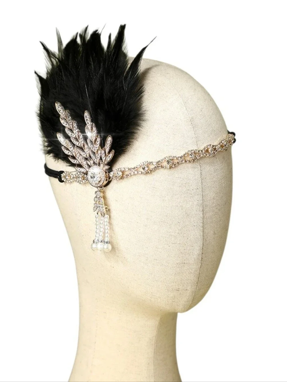 1920s FLAPPER HEADBAND GOLD RHINESTONE FEATHER PEARL GATSBY ART DECO COSUME BLK